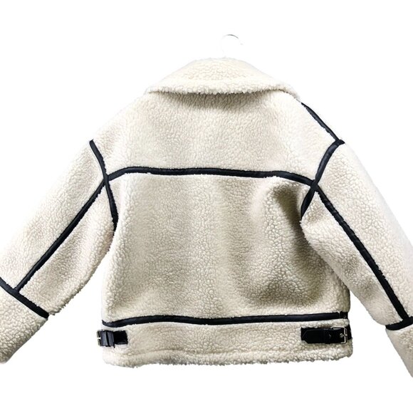 Zara Fleece Biker Jacket Womens S Ivory Faux Shearling Oversized Aviator - Picture 2 of 9